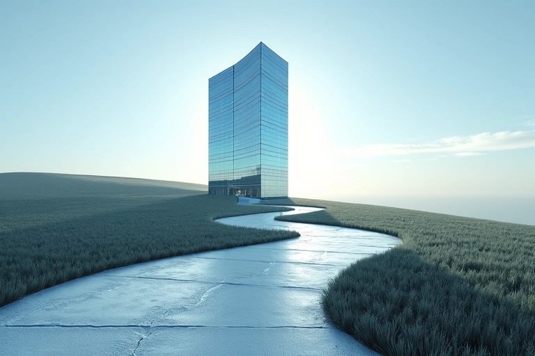 A winding path leading to a modern, glass-fronted building under a clear sky, symbolizing progress and a forward journey in business.