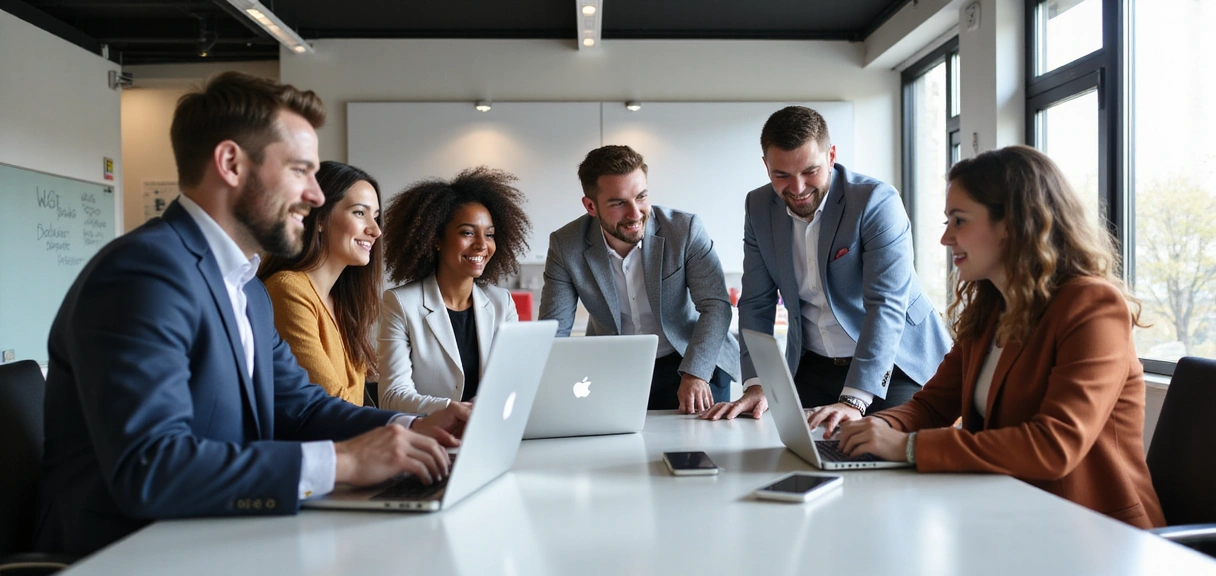 A diverse team of professionals collaborating enthusiastically in a modern, open-plan office, with laptops, whiteboards, and natural light. Dynamic, inclusive, no text.