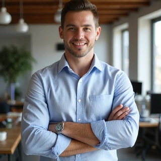 Portrait of an energetic professional male, with an engaging smile, wearing a casual business shirt, in a brightly lit collaborative workspace.