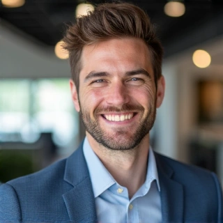 Portrait of a smiling professional male, wearing business casual attire, with a warm and approachable expression, in a modern office setting.