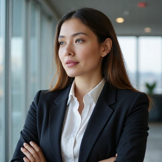 Portrait of a confident professional female, with a thoughtful expression, wearing smart business attire, in an innovative tech environment.