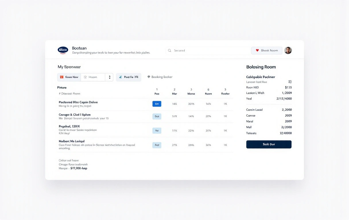 Clean, modern website interface of a hotel booking engine, showing room selection and booking details.