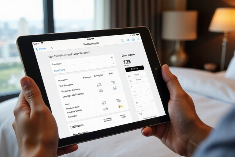Elegant hotel room with a tablet displaying a clean, intuitive booking interface