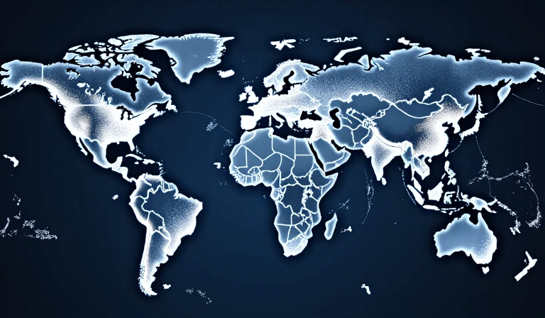 Global map with interconnected hotel icons and distribution channels, digital network, no text.