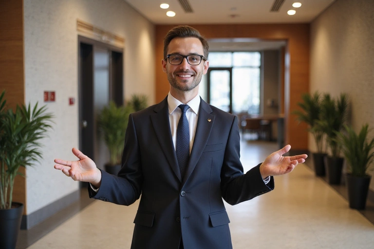 Smiling hotel owner gesturing positively in a modern hotel lobby