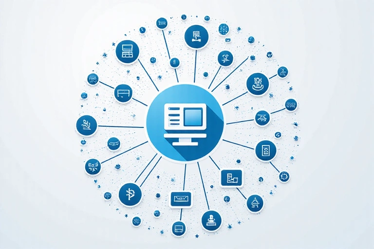 Various software icons connected by lines, representing system integrations