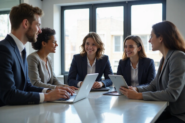 Diverse group of business professionals collaborating and networking, smiling and engaged, modern office setting