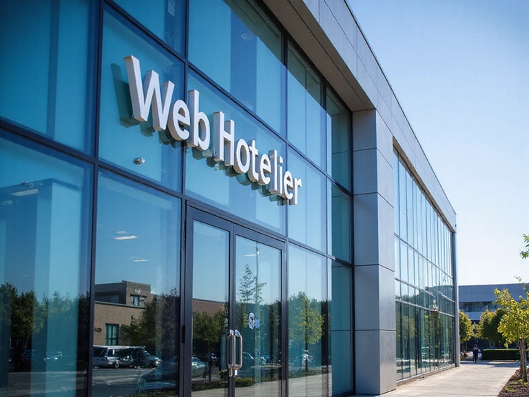 Professional office building exterior with WebHotelier Solutions logo, modern architecture, bright daylight