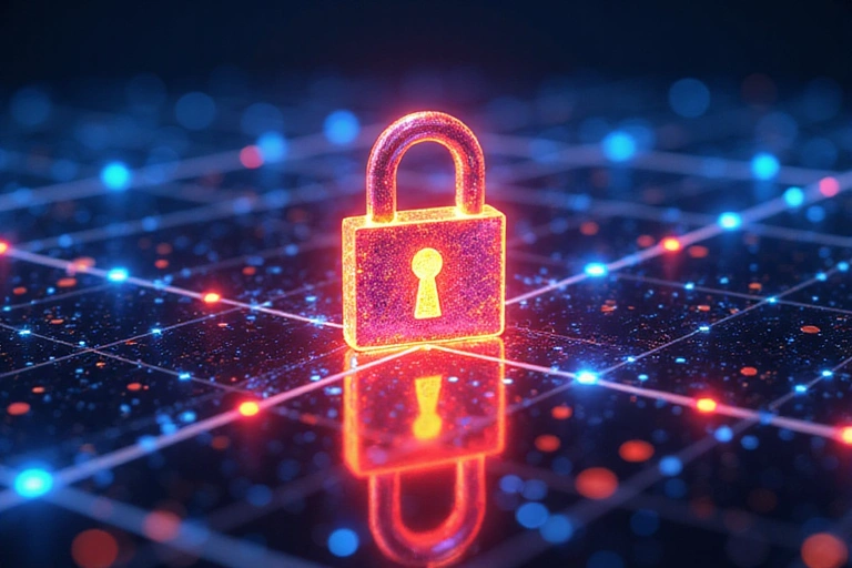 Illustration of a secure padlock and digital data flow, symbolizing data protection